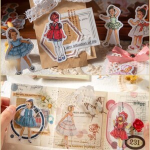 May include: A collection of vintage-style paper doll stickers featuring girls in various dresses. The stickers are on a background of patterned paper and lace. The text "any situation of life" is visible on one of the stickers.