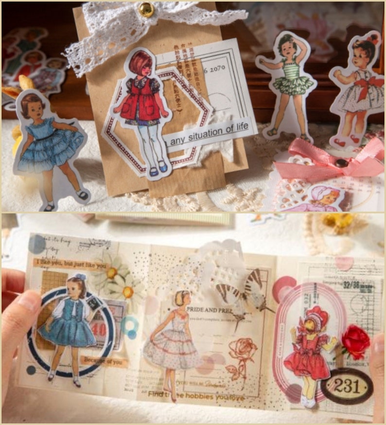 May include: A collection of vintage-style paper doll stickers featuring girls in various dresses. The stickers are on a background of patterned paper and lace. The text "any situation of life" is visible on one of the stickers.
