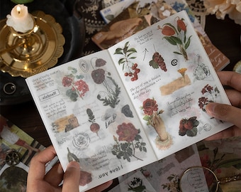 20 Sheets Retro Washi Sticker Booklet, Deco Sticker Book, Scrapbooking Sticker, Butterflies, Plants, Mushrooms Sticker Pad, Collage Supplies