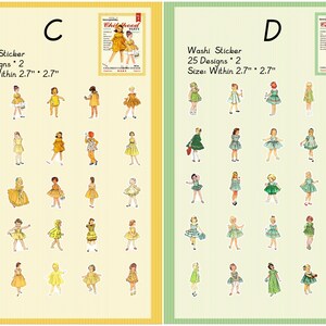 May include: Two sheets of washi tape featuring 25 designs each of girls in vintage dresses. The designs are approximately 2.7 inches by 2.7 inches. The sheet on the left has a yellow background with a striped border. The sheet on the right has a green background with a striped border.