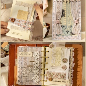 May include: A collage of handmade paper crafts, including a journal, cards, and decorative elements. The journal is open, revealing pages with lace, floral accents, and the text "//my silent sigh". The color palette is soft, with cream, brown, and floral patterns.