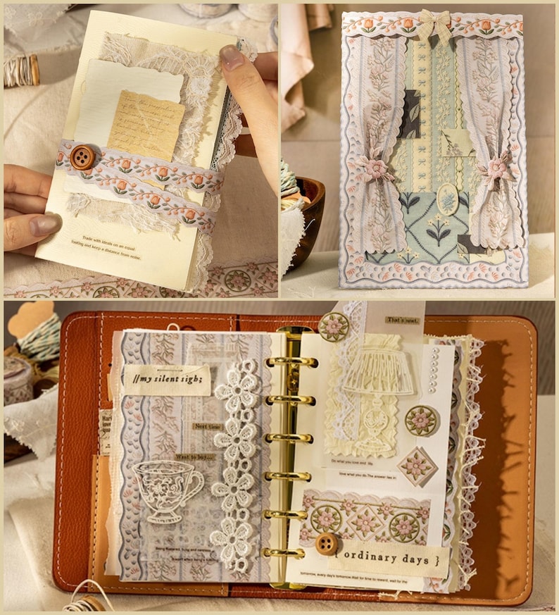 May include: A collage of handmade paper crafts, including a journal, cards, and decorative elements. The journal is open, revealing pages with lace, floral accents, and the text "//my silent sigh". The color palette is soft, with cream, brown, and floral patterns.
