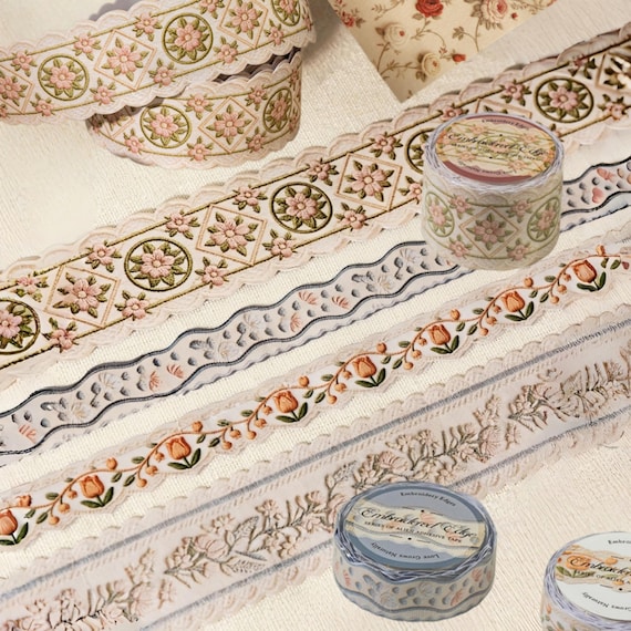 Embroidered Style Decorative Tape, Vintage Style Shaped Edge Tape For Scrapbooking, Journaling, Planner, DIY Craft, Kraft Paper Tape