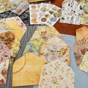 Juego de 8 sobres pequeños de estilo vintage, juego de bolsillos efímeros, bolsillos para diarios basura, bolsillos de papel, bolsas de papel, varios tamaños