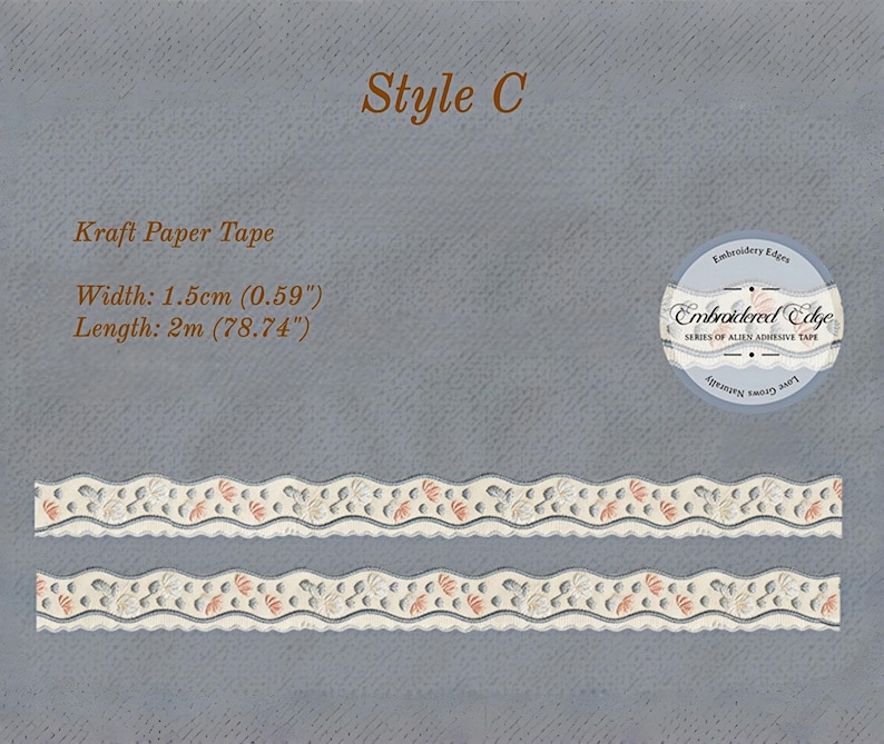 May include: Kraft paper tape, style C, with a decorative edge. The tape is 1.5cm (0.59") wide and 2m (78.74") long. The design features a repeating pattern of cream, gray, and coral-colored floral elements. The tape is labeled "Embroidered Edge".