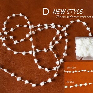 May include: White yarn balls strung together on a brown leather surface. The yarn balls are small and dense. The text "D NEW STYLE" is above the yarn balls. The text "The new style yarn balls are small and dense" is below the yarn balls. The text "New Style" and "Old Style" are below the yarn balls with a line of yarn balls next to each text label.