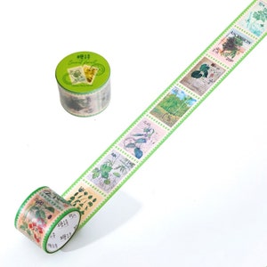 Cinta washi con sellos de plantas retro, suministros para diarios basura, cinta adhesiva con temática de la naturaleza, cinta para collages, cinta para álbumes de recortes, pegatinas con sellos retro