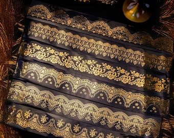 Gold Foiled Lace PET Tape for Scrapbooking, Journaling, DIY Crafts, Vintage Floral Clear Border Tape, Journal Supplies Embellishments