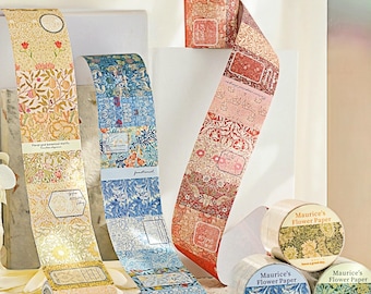 Cinta decorativa floral inspirada en William Morris, patrón vintage, suministros para diario, scrapbooking, decoración de planificadores, cinta DIY con patrón repetido
