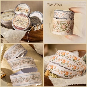 May include: Assortment of embroidered edge ribbons in various designs. The ribbons feature floral patterns in pastel colors, with some spools labeled "Embroidered Edge." One spool is 30mm high, another is 15mm high. The ribbons are displayed in a wooden basket.