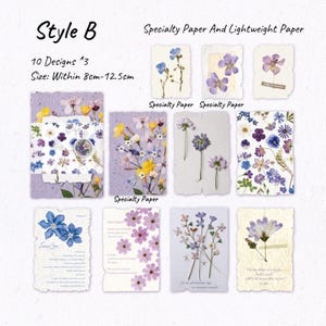 May include: A collection of ten designs of specialty paper with pressed flowers. The paper sizes range from 3.15 inches to 4.92 inches. The designs feature various flowers in shades of purple, blue, and yellow.