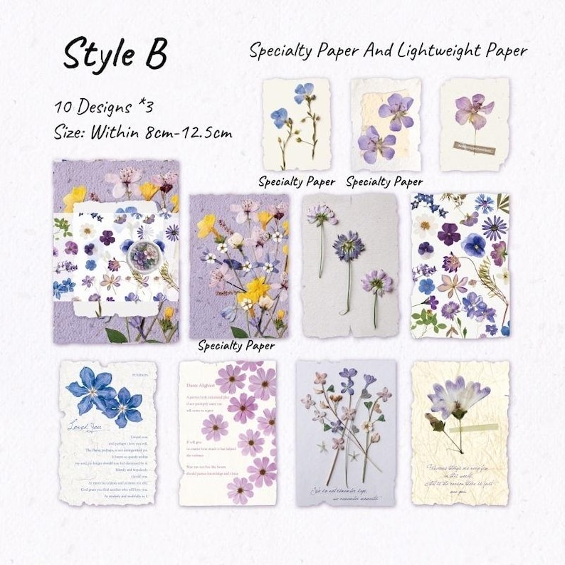 May include: A collection of ten designs of specialty paper with pressed flowers. The paper sizes range from 3.15 inches to 4.92 inches. The designs feature various flowers in shades of purple, blue, and yellow.