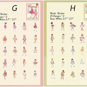 May include: Two sheets of washi tape featuring 25 designs each of girls in vintage dresses. The sheets are labeled "Washi Sticker 25 Designs * 2 Size: Within 2.7" * 2.7" and "Childhood Party" and "Childhood Party".