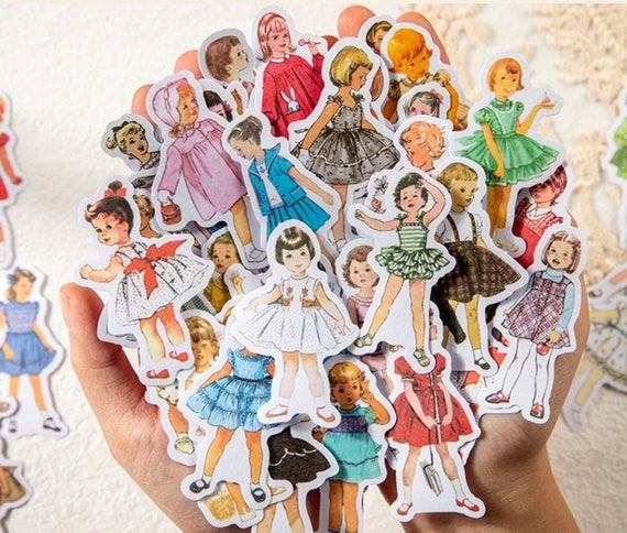 Vintage Kids' Fashion Show Stickers Pack For Scrapbooking Journals, Girls' Fashion, Childhood Party Attire, Retro Magazine Model Stickers