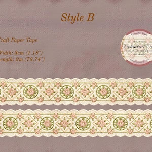 May include: Kraft paper tape, style B, with a floral design. The tape is 3cm (1.18 inches) wide and 2m (78.74 inches) long. The design features pink flowers and green circles on a cream background. The tape has a scalloped edge.