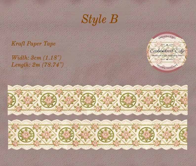 May include: Kraft paper tape, style B, with a floral design. The tape is 3cm (1.18 inches) wide and 2m (78.74 inches) long. The design features pink flowers and green circles on a cream background. The tape has a scalloped edge.