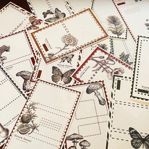 以下が含まれることがあります： ヴィンテージな雰囲気の空白のカード10枚セット。各カードには、蝶、キノコ、葉など、自然からインスピレーションを得た異なるデザインが施されています。カードは茶色の縁取りが施され、点線で書けるようになっています。