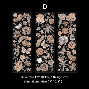 Mountain Flowers Silverfolie PET-remsor klistermärkesark set, glänsande genomskinliga klistermärken för scrapbooking skräpjournalplanerare blandade tekniker D