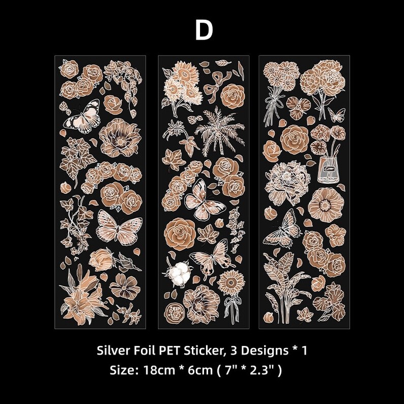 Mountain Flowers Silverfolie PET-remsor klistermärkesark set, glänsande genomskinliga klistermärken för scrapbooking skräpjournalplanerare blandade tekniker D