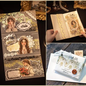 Op de afbeelding: Een verzameling papieren ephemera in vintage-stijl, waaronder stickers, journaalpagina's en een verpakt pakket. De ontwerpen bevatten illustraties van vrouwen, bloemenkant en goudfolie accenten. Het pakket is vastgebonden met een wit lint en een houten knoop.