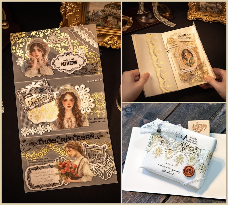 Op de afbeelding: Een verzameling papieren ephemera in vintage-stijl, waaronder stickers, journaalpagina's en een verpakt pakket. De ontwerpen bevatten illustraties van vrouwen, bloemenkant en goudfolie accenten. Het pakket is vastgebonden met een wit lint en een houten knoop.