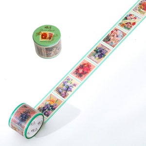 Floral Stamp Washi Tape, Junk Journal Supplies, Flower Masking Tape, Collage Tape, Scrapbooking Tape, Retro Seal Stickers, Deco Tape