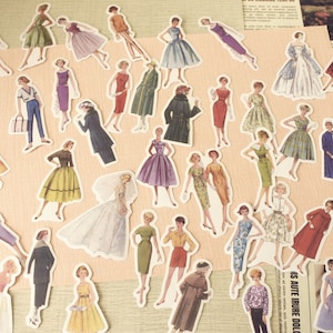 Stickerspakket vintage modeshow, meisjesmode, mode uit de jaren 1950, retro tijdschriftmodel sticker, decoratieve stickers, ephemera, rommeljournaal
