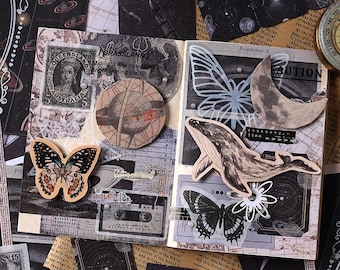 Könnte beinhalten: Eine Collage aus Vintage- und modernen Ephemera, darunter ein Schmetterling, ein Wal, ein Mond und eine Briefmarke aus Australien. Die Collage befindet sich auf einem schwarz-weißen Hintergrund mit verschiedenen Texturen und Mustern.