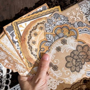Juego de pegatinas de encaje retro de gran tamaño para collage de diarios basura, álbumes de recortes, decoración de fondo efímera, papel de encaje de estilo vintage.