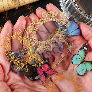 45 piezas de pegatinas de PET de lámina dorada de estilo vintage de varios estilos para álbumes de recortes, collages, diarios basura, marcos florales, flores, mariposas, palabras, puertas
