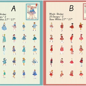 May include: Two sheets of washi tape featuring 25 designs each of girls in vintage dresses. The designs are approximately 2.7 inches by 2.7 inches. The washi tape is labeled "Washi Sticker 25 Designs * 2 Size: Within 2.7" * 2.7" ".