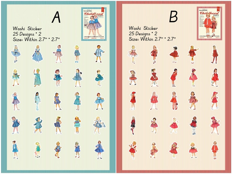 May include: Two sheets of washi tape featuring 25 designs each of girls in vintage dresses. The designs are approximately 2.7 inches by 2.7 inches. The washi tape is labeled "Washi Sticker 25 Designs * 2 Size: Within 2.7" * 2.7" ".