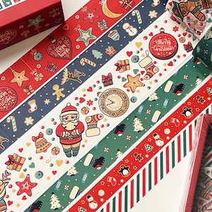 Set van zes rollen kerstcadeau Washi-tape, knutseltape, kerstcadeaupapier, kerstdecoratietape, doe-het-zelf decokaart, plakboekversiering