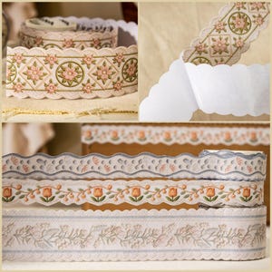 May include: Assortment of decorative ribbons with floral and geometric patterns. The ribbons feature scalloped edges and are in various colors, including pink, green, and blue. The ribbons are ideal for crafts and embellishments.