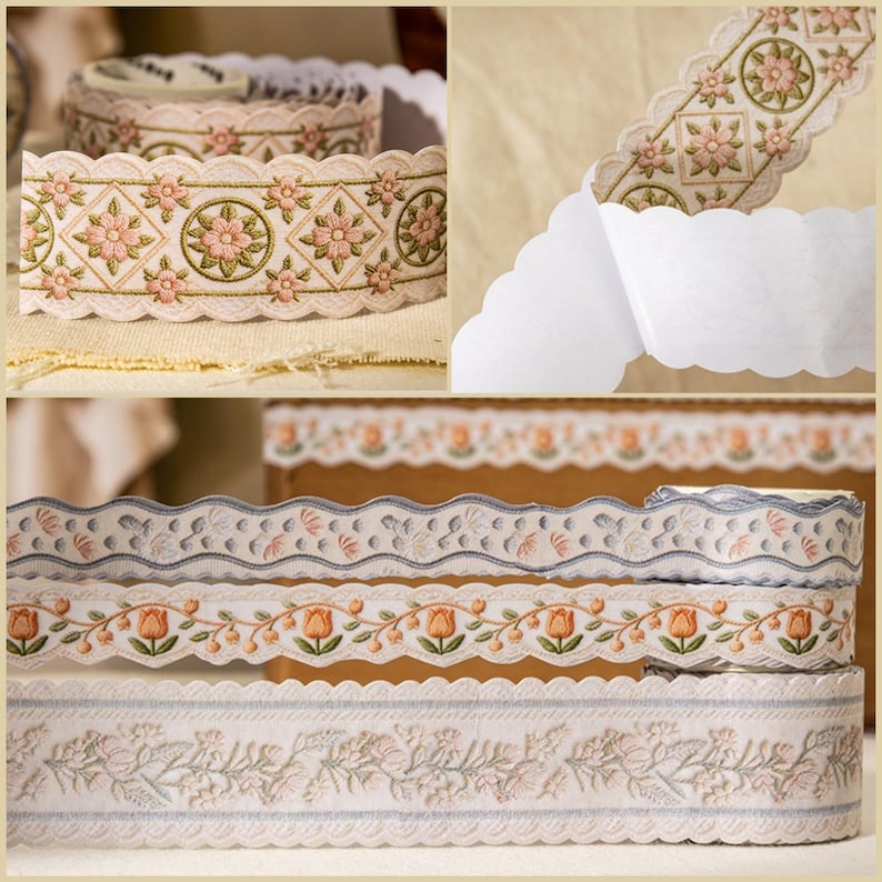 May include: Assortment of decorative ribbons with floral and geometric patterns. The ribbons feature scalloped edges and are in various colors, including pink, green, and blue. The ribbons are ideal for crafts and embellishments.