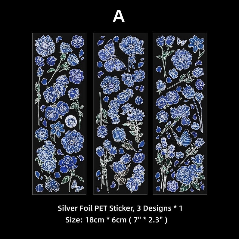 Mountain Flowers Silverfolie PET-remsor klistermärkesark set, glänsande genomskinliga klistermärken för scrapbooking skräpjournalplanerare blandade tekniker A