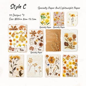 May include: A collection of ten specialty paper designs, each featuring pressed flowers and botanical elements. The sizes range from 3.15 inches to 4.92 inches. The text "Style C" and "Specialty Paper And Lightweight Paper" are visible.