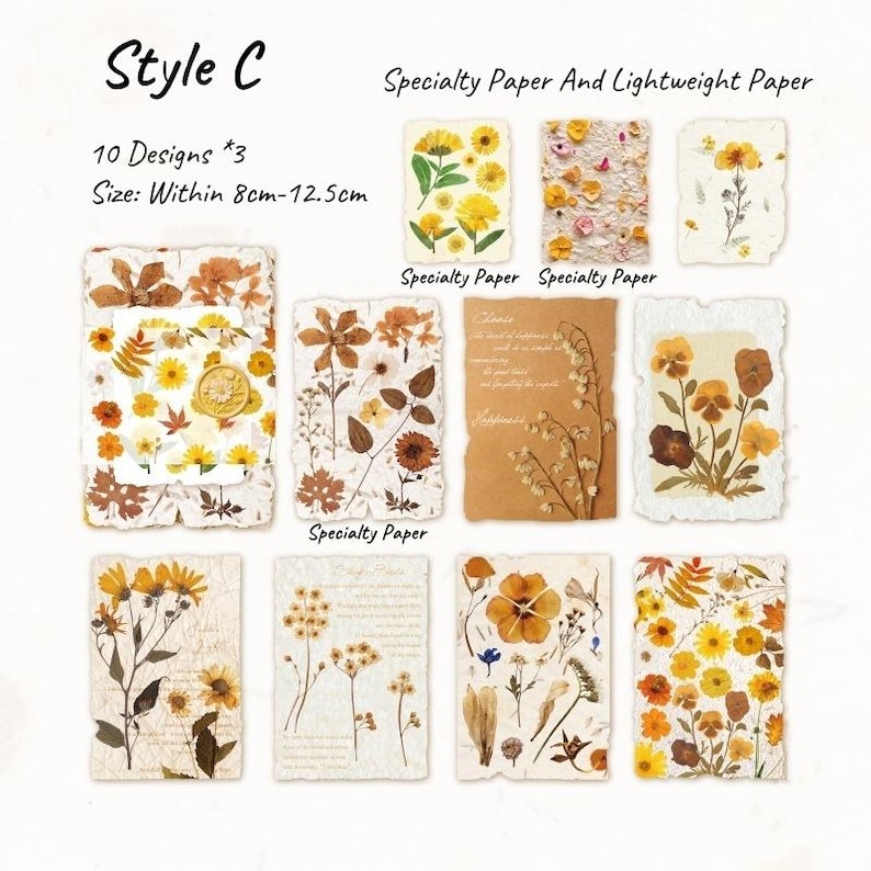 May include: A collection of ten specialty paper designs, each featuring pressed flowers and botanical elements. The sizes range from 3.15 inches to 4.92 inches. The text "Style C" and "Specialty Paper And Lightweight Paper" are visible.