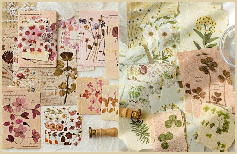 May include: A collection of handmade paper with pressed flowers and botanical designs. The papers feature various floral arrangements in shades of pink, purple, and green. Some papers have text and are accompanied by wooden and brass stamps.