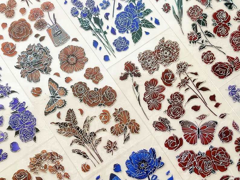 Mountain Flowers Silverfolie PET-remsor klistermärkesark set, glänsande genomskinliga klistermärken för scrapbooking skräpjournalplanerare blandade tekniker bild 2