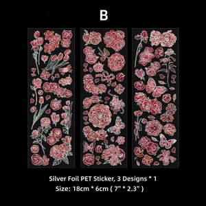 Mountain Flowers Silverfolie PET-remsor klistermärkesark set, glänsande genomskinliga klistermärken för scrapbooking skräpjournalplanerare blandade tekniker B