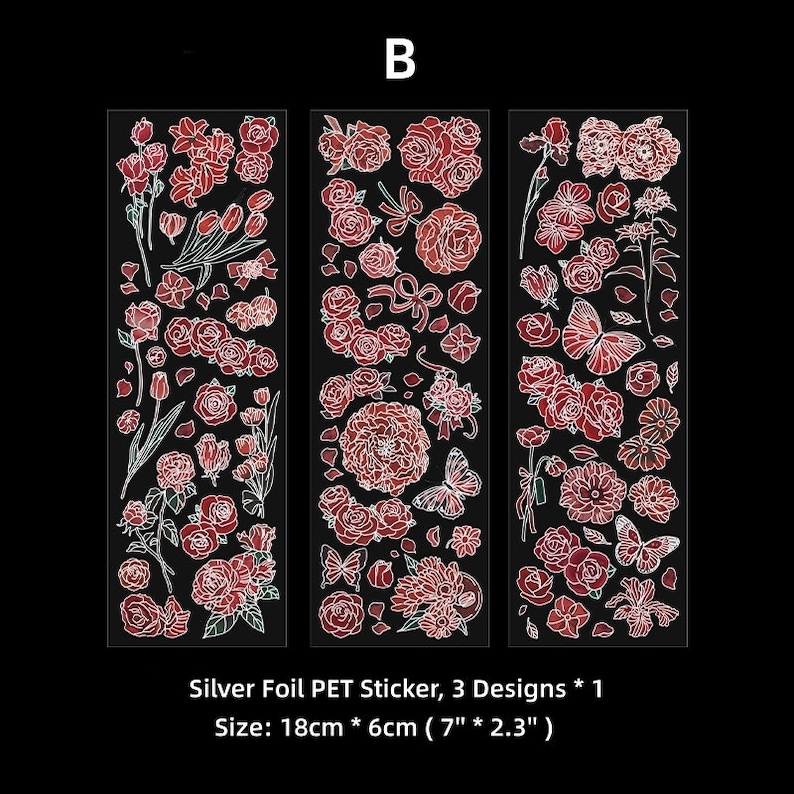 Mountain Flowers Silverfolie PET-remsor klistermärkesark set, glänsande genomskinliga klistermärken för scrapbooking skräpjournalplanerare blandade tekniker B