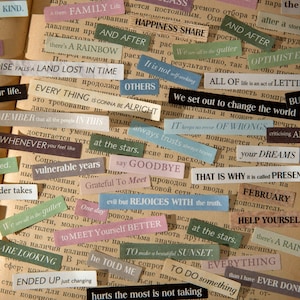 Mots autocollants rétro, phrases autocollants, mots en bande, bandes phrases pour scrapbooking, carnets de voyage, collages, agendas éphémères, fabrication de cartes