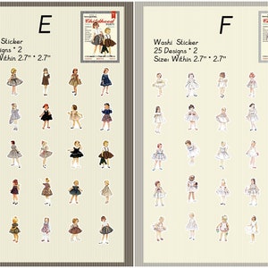 May include: Two sheets of washi tape featuring 25 designs each of girls in vintage dresses. The tape is 2.7 inches wide and 2.7 inches long. The text "Childhood Party" is on the top of each sheet.