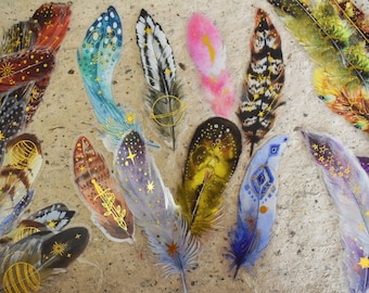 Multi-colored Gold Foil Feather Stickers Set, Large PET Feather Deco Stickers For Scrapbook, Collage, Card Embellishment, Glitter Stickers