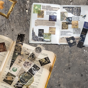 Weltraum, Planeten, Karten Vintage-Stil Briefmarke Aufkleber, Goldfolie Washi Strip Stickers für Scrapbooking, Collage, Junk Journal