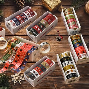6 rollen washitape met kerstthema, decoratie voor de feestdagen, cadeauverpakking, scrapbooking, kerstboom, sneeuwvlok, rendier, kerstman