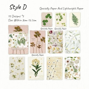 May include: A collection of ten designs of specialty and lightweight paper, each featuring botanical elements like clovers, ferns, and wildflowers. The paper sizes range from 3.15 to 4.92 inches. The text "Style D" and "Specialty Paper And Lightweight Paper" are visible.