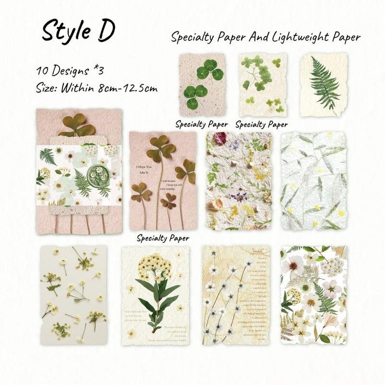 May include: A collection of ten designs of specialty and lightweight paper, each featuring botanical elements like clovers, ferns, and wildflowers. The paper sizes range from 3.15 to 4.92 inches. The text "Style D" and "Specialty Paper And Lightweight Paper" are visible.