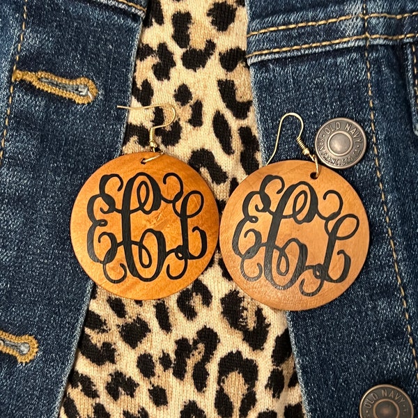 Monogrammed wooden earrings